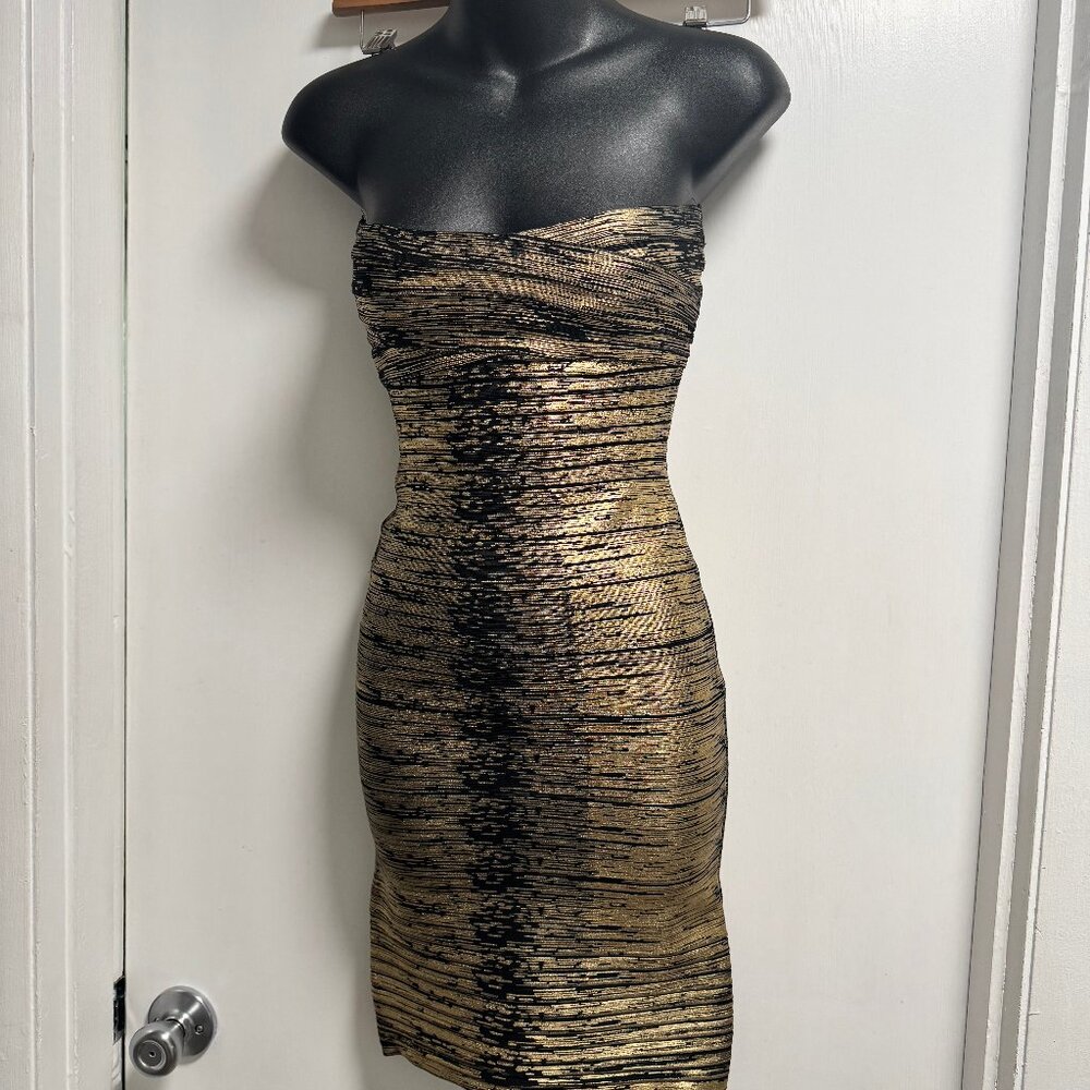 Herve Leger Stapless Sexy Elegant Black and Gold Women's Dress